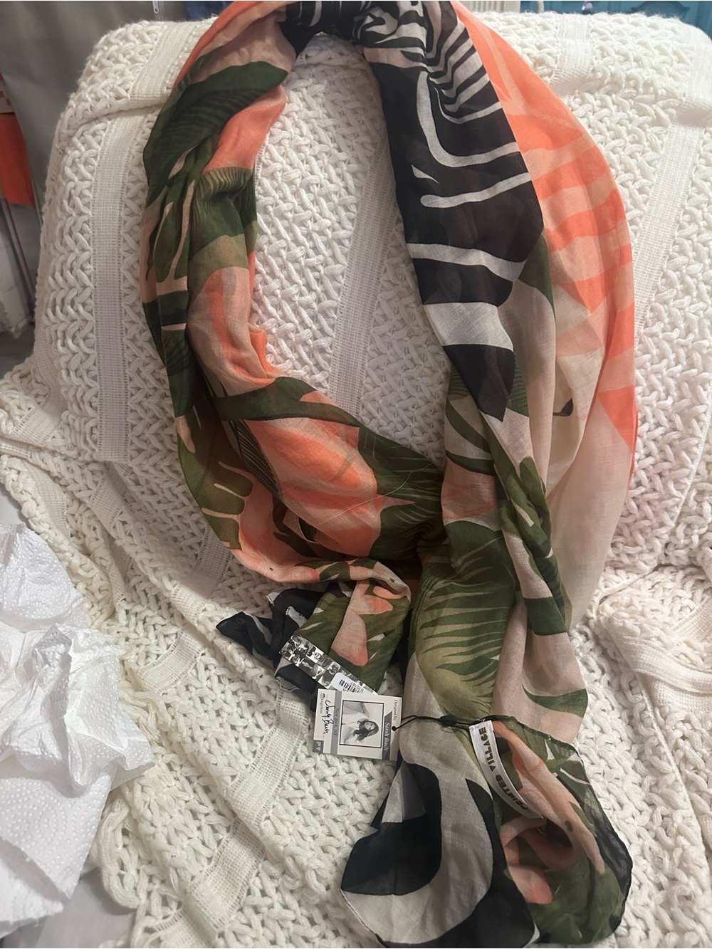 Tropical Leaf Print Wrap Scarf in Coral, Green & Black